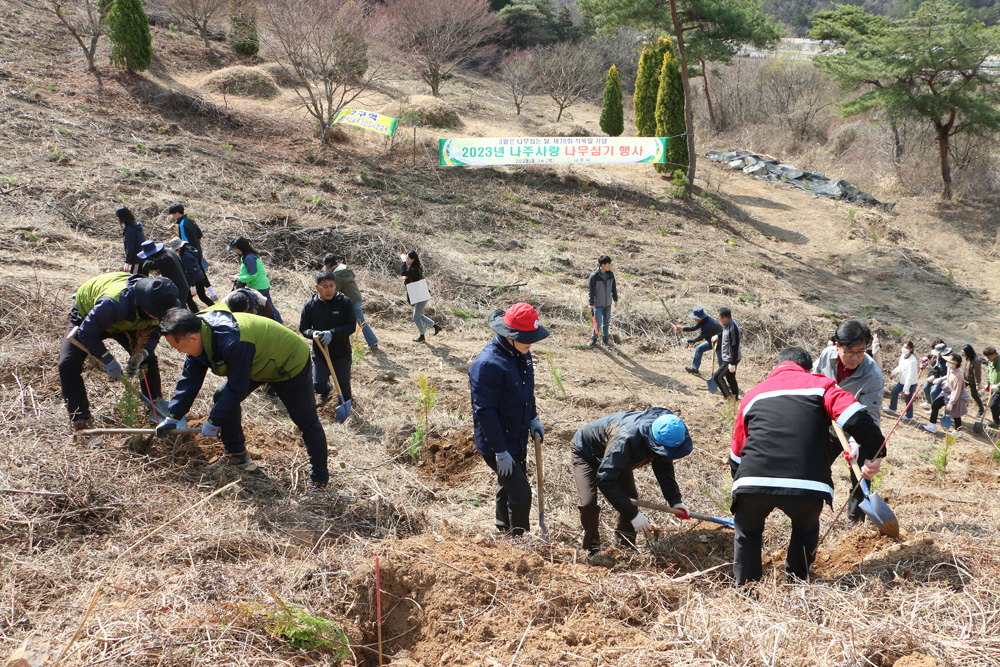 나주사랑 나무심기 행사 나무를 심고 있는 직원들과 나무를 심기위해 이동을 하고 있는 직원들 전면 모습