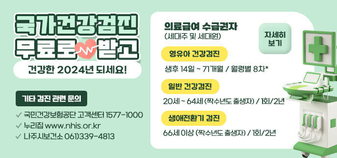 국가건강검진 무료로 받고 건강한 2024년 되세요! 의료급여 수급권자(세대주 및 세대원) 영유아 건강검진 :  생후 14일 ~ 71개월 / 월령별 8차* 일반 건강검진 : 20세 ~ 64세 (짝수년도 출생자) / 1회/2년 생애전환기 검진 : 20세 ~ 64세 (짝수년도 출생자) / 1회/2년 기타 검진 관련 문의 국민건강보험공단 고객센터 1577-1000 누리집 www.nhis.or.kr 나주시보건소 061)339-4813 자세히보기