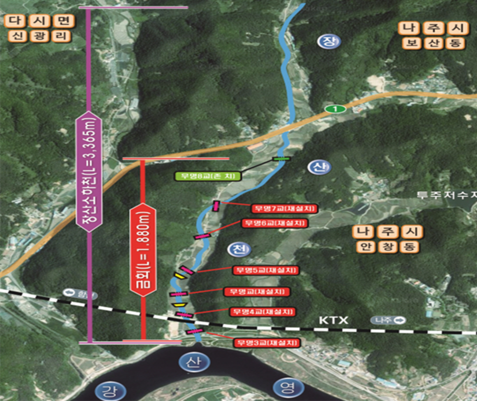 장산소하천 재해 복구사업 안내도이다 무명교, 무명3교부터 7교까지 재설치 위치가 나타나 있다.