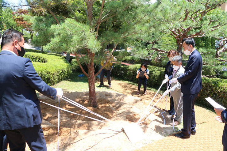 윤병태 나주시장과 관계자들이 줄을 당기고 있는 모습