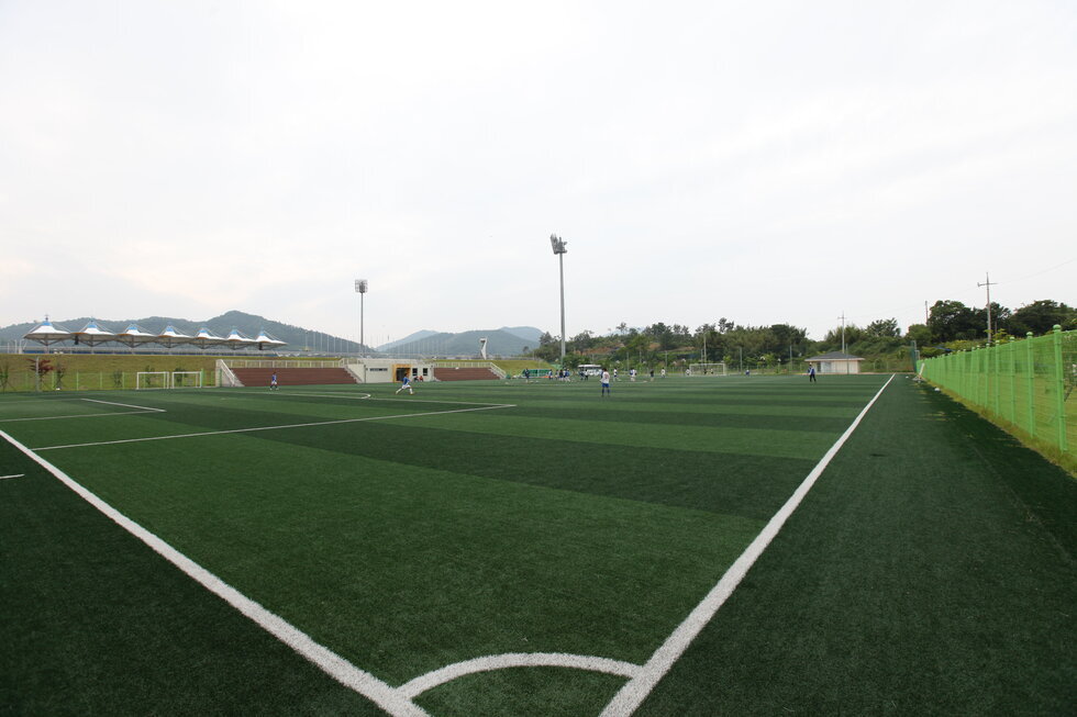 인조잔디구장을 코너에서 찍은 사진. 초록색 인조잔디위에 축구경기를 하고 있는 사진.