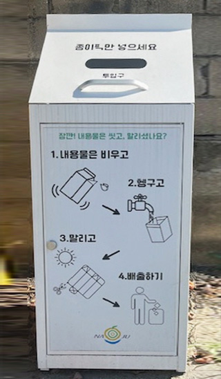 아주 큰 흰 우유곽모습의 종이 수거함, 윗쪽엔 종이만 넣으세요 라는 문구와 함께 투입구 구멍과 손잡이가 있고, 정면엔 잠깐! 내용물은 씻고, 말리셨나요? 1. 내용물은 비우고 2. 헹구고 3. 말리고 4. 배출하기 나주시 로고 가 적혀있다 
