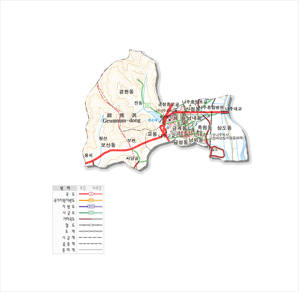 금남동은 경현동,진동,보산동,서당골,금계동,금성동,남외동,죽림동,남내동,산정동,삼도동 등이 위치해 있다. 범례 빨간색 1번 동그라미 선은 국도, 노란색 58번 네모칸 선은 국가지원지방도, 파란색 311번 네모칸선은 지방도, 초록색 11번 네모칸 선은 시군도, 반으로 갈라져있는 선은 기타국도, 네모칸과 세로선이 반복된 선은 철도, 동그라미안에 점 모양이 반복된 선은 도계, 점모양이 두개씩 반복된 선은 시군계, 점모양이 하나만 반복된 선은 읍동계, 가로선만 반복된 선은 동리계 표시 된 금남동 안내지도