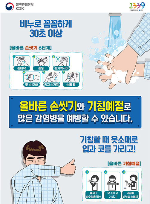 코로나바이러스감염증-19 예방 올바른 손씻기와 기침예절을 안내하는 홍보포스터로 자세한 사항은 상담 질병관리본부 홈페이지를 참고해주세요.