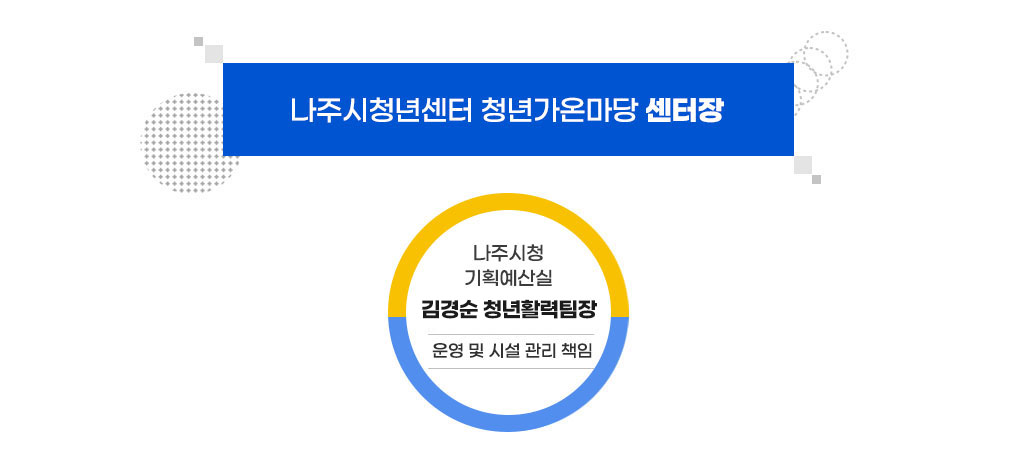 나주시청년센터 청년가온마당 센터장(인구청년정책팀장) 시설관리 및 운영총괄 업무담당을 맡고 있습니다.