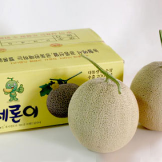 멜론이 담긴 박스와 멜론2개가 있는 모습