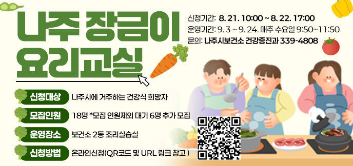 나주 장금이 요리교실 신청기간:  8. 21. 10:00 ~ 8. 22. 17:00 운영기간: 9. 3 ~ 9. 24. 매주 수요일 9:50~11:50 문의: 나주시보건소 건강증진과 339-4808 신청대상: 나주시에 거주하는 건강식 희망자 모집인원: 18명 *모집 인원제외 대기 6명 추가 모집 운영장소: 보건소 2동 조리실습실 신청방법: 온라인신청(QR코드 및 URL 링크 참고) QR연결(https://answer.moaform.com/answers/Mj17P0/reserved)