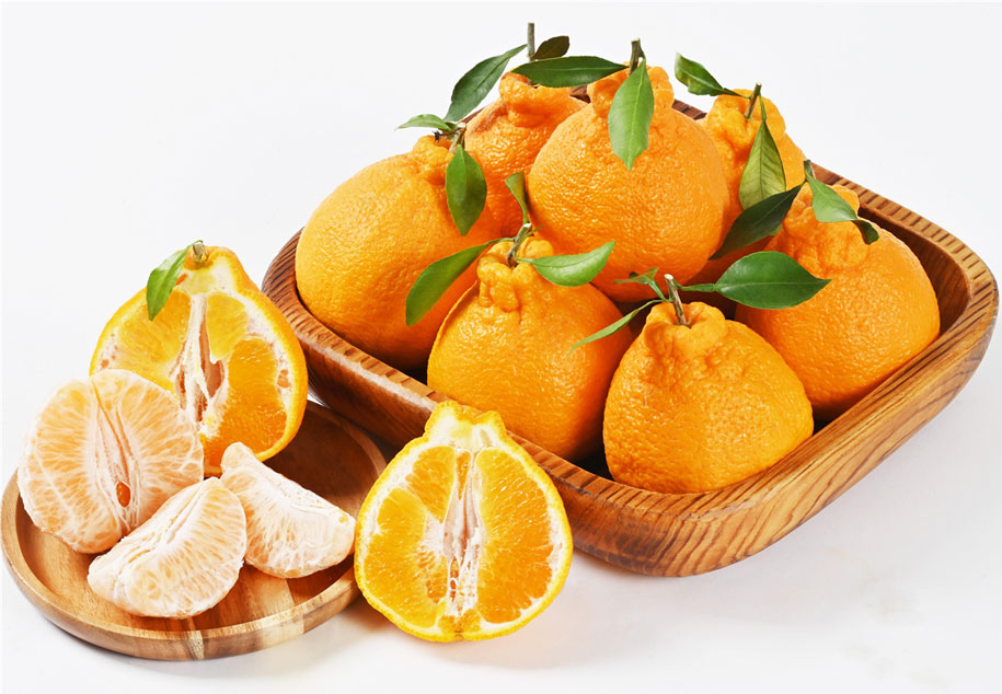 바구니에 놓여있는 한라봉과 접시에 잘라진 채로 놓여있는 한라봉