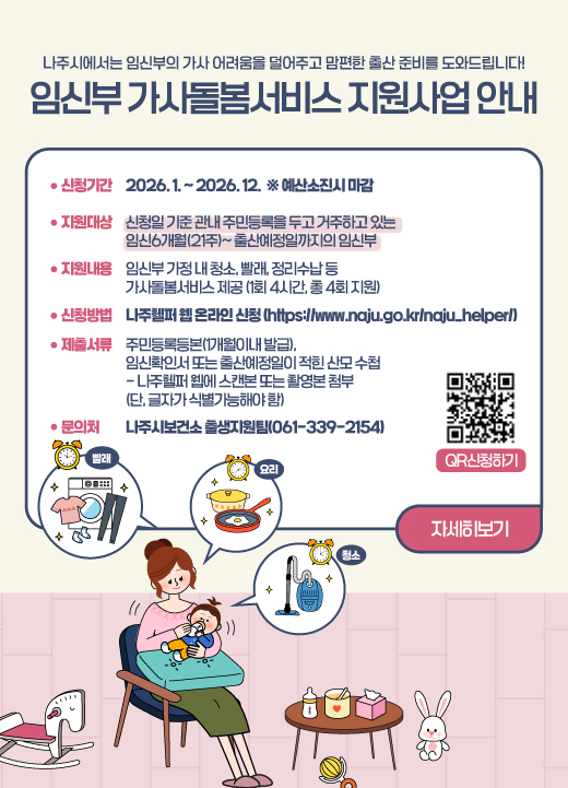 나주시에서는 임신부의 가사 어려움을 덜어주고 맘편한 출산 준비를 도와드립니다! 임신부 가사돌봄서비스 지원사업 안내  (신청기간) 2026. 1. ~ 2026. 12. ※ 예산소진시 마감 □ (지원대상) 신청일 기준 관내 주민등록을 두고 거주하고 있는 임신6개월(21주)~ 출산예정일까지의 임신부 □ (지원내용) 임신부 가정 내 청소, 빨래, 정리수납 등 가사돌봄서비스 제공 - 1회 4시간, 총 4회 지원 □ (신청방법) 나주헬퍼 웹 온라인 신청(https://www.naju.go.kr/naju_helper/) □ (제출서류) 주민등록등본(1개월이내 발급), 임신확인서 또는 출산예정일이 적힌 산모 수첩 - 나주헬퍼 웹에 스캔본 또는 촬영본 첨부(단, 글자가 식별가능해야 함) □ (문 의 처) 나주시보건소 출생지원팀(☎061-339-2154) QR신청하기(https://www.naju.go.kr/naju_helper/)  자세히보기