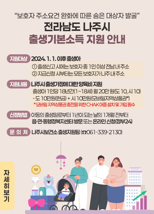 사 업 명) 전라남도-나주시 출생기본소득 지원 □ (지원대상) 2024. 1. 1. 이후 출생아    ① 출생신고 시에는 보호자 중 1인 이상 전남 내 주소   ② 지급신청 시부터는 모든 보호자가 나주 내 주소 □ (지원내용) 나주시 출생가정에 대한 양육비 지원     출생아 1인당 18년간(1~18세) 월 20만 원(도 10, 시 10)     - 도 10만원(현금) + 시 10만원(모바일지역상품권*)    * 모바일 지역상품권 충전을 위한 CHAK 어플 설치 및 가입 필수  □ (신청방법) 아동의 출생일로부터 1년이 되는 날의 1개월 전부터 읍·면·동행정복지센터 방문 또는 온라인 신청(정부24) □ (문 의 처) 나주시보건소 출생지원팀 (☎061-339-2130)