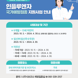 2023-2024절기 인플루엔자 국가예방접종 지원사업안내 사업대상 및 기간 - 6개월~13세 어린이 2023.10.5~2024.4.30(단, 생애최초 접종자는 2023.9.20부터) -임신부(임신주수무관) 2023.10.5~2024.4.30 -어르신 75세이상 : 2023.10.11~2024.4.30, 70세~74세 : 2023.10.16~2024.4.30,  65세~69세 : 2023.10.19~2024.4.30 / 접종장소 : 관내 위탁의료기관 및 보건(지)소 ※위탁의료기관은 보건소 홈페이지 공지사항 참고 / 접종비용 무료 ※위탁의료기관은 보건소 홈페이지 공지사항 참고 / 문의:나주시보건소 예방접종실 061-339-2157 [나주시]