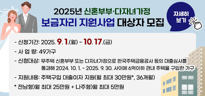 2025년「신혼부부·다자녀가정 보금자리 지원사업」대상자 모집 - 신청기간: 2025. 9. 1.(월) ~ 10. 17.(금) - 사 업 량: 49가구 - 신청대상: 무주택 신혼부부 또는 다자녀가정으로 한국주택금융공사 등의 대출심사를 통과해 2024. 10. 1. ~ 2025. 9. 30. 사이에 6억이하 관내 주택을 구입한 가구 - 지원내용: 주택구입 대출이자 지원(월 최대 30만원*, 36개월) * 전남형)월 최대 25만원 + 나주형)월 최대 5만원