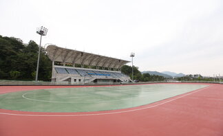 인라인 경기장 전경을 찍은 사진. 초록색과 붉은색으로 되어 있는 트렉과 관람석있음.