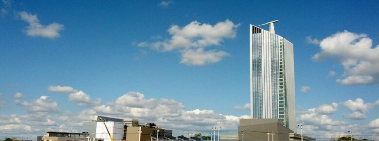 논을 뒤로 고층 건물을 찍은 사진