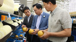 추석 명절 배 선과장 방문 농협나주시지부장이 배를 들고 나주시장과 관계자에게 배에 대해 이야기를 하고 있는 모습