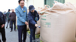 금천면, 산포면 수매현장 방문 나주시장이 여성 품질관리원과 함께 톤백에 특등 도장을 표기하고 있는 모습