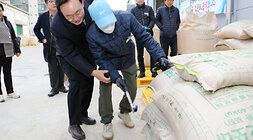 다시면 수매현장 방문 나주시장이 품질관리원과 쌀포대에 도장 표기를 하고 잇는 모습