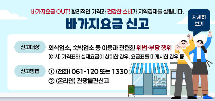 바가지요금 OUT! 합리적인 가격과 건전한 소비가 지역경제를 살립니다. 바가지요금 신고 -(신고대상) 외식업소, 숙박업소 등 이용과 관련한 위법∙부당 행위 (예시) 가격표와 실제요금이 상이한 경우, 요금표를 미게시한 경우 등 -(신고방법) ① (전화) 061-120 또는 1330 ② (온라인) 관광불편신고 자세히보기