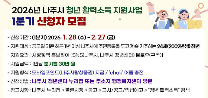 2026년 나주시 청년 활력소득 지원사업 1분기 신청자 모집 -신청기간:(1분기) 2026. 1. 28.(수) ~ 2. 27.(금) -지원대상:공고일 기준 최근 1년 이상 나주시에 주민등록을 두고 계속 거주하는 24세(2002년생) 청년 -지원요건:시정정책 홍보참여 [SNS(나주시, 나주시 청년센터) 팔로우(구독)] -지원금액:1인당 분기별 30만 원 - 신청방법: 나주시 청년센터 누리집 또는 주소지 행정복지센터 방문 - 참고사항: 나주시 누리집→열린시정→공고→고시/공고/입법예고→청년 활력소득 검색
