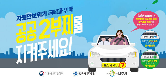 자원안보위기 극복을 위해 공공 2부제를 지켜주세요!  공공기관 차량 대상으로 차량 번호 끝자리에 따라 홀짝제로 운영하는 공공2부제가 시행됩니다.  차량번호 끝자리 홀수: (1, 3, 5, 7, 9) 홀수일 운행 차량번호 끝자리 짝수: (2, 4, 6, 8, 0) 짝수일 운행  기후에너지환경부 한국에너지공단 나주시