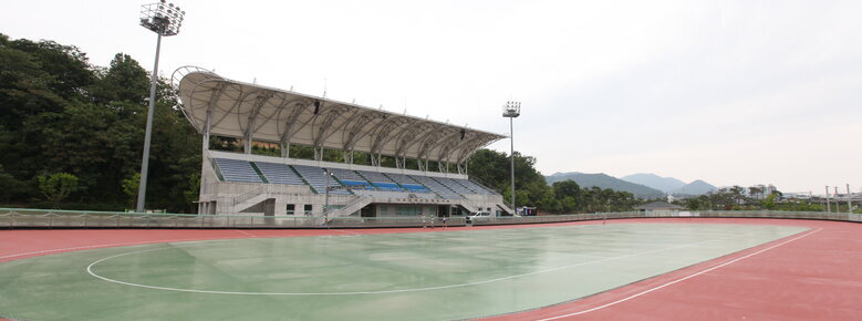 인라인 경기장 전경을 찍은 사진. 초록색과 붉은색으로 되어 있는 트렉과 관람석있음.