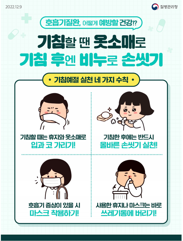 호흡기 질환, 어떻게 예발할 건강!? / 기침할 땐 옷소매로 기침 후엔 비누로 손씻기 / 기침예절 실천 네 가지 수칙 / 기침할 때는 휴지와 옷소매로 입과 코 가리기! / 기침한 후에는 반드시 올바른 손씻기 실천! / 호흡기 증상이 있을 시 마스크 착용하기! / 사용한 휴지나 마스크는 바로 쓰레기통에 버리기!