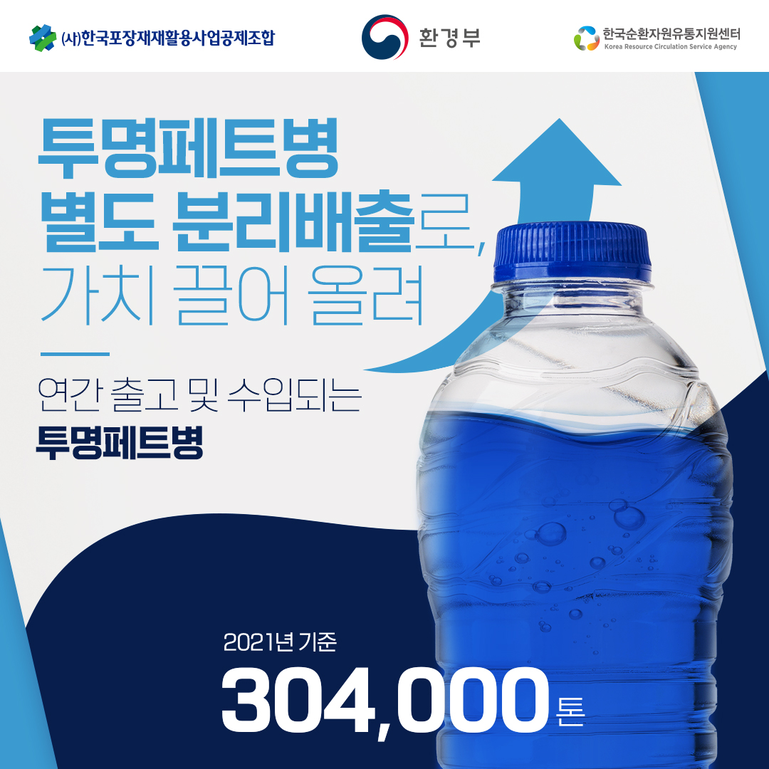 [(사)한국포장재재활용사업공제조합 | 환경부 | 환경순환자원유통지원센터(Korea Resource Circulation Service Agency)] 투명페트병 별도 분리배출로, 가치 끌어 올려 | 연간 출고 및 수입되는 투명페트병 | 파란색 물이 담긴 투명페트병 / 2021년 기준 304,000톤