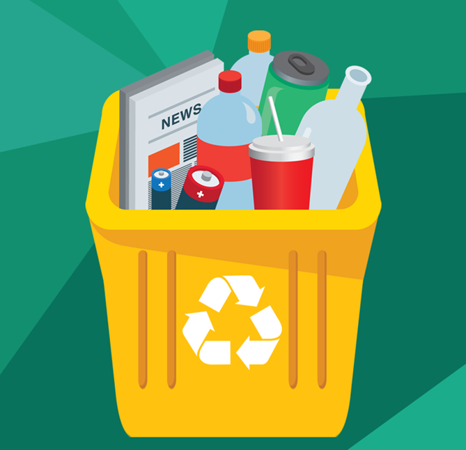 노란색 재활용품 쓰레기 통에 단긴 쓰레기를 그린 일러스트 그림