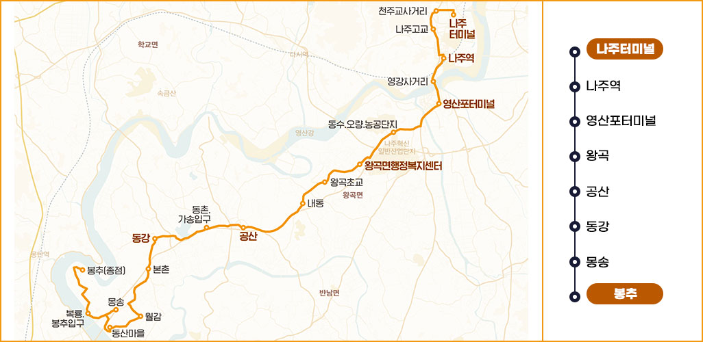 100번 노선도  나주터미널-나주역-영산포터미널-왕곡-공산-동강-몽송-봉추 표시된 지도 이미지이며 옆에 나주터미널-나주역-영산포터미널-왕곡-공산-동강-몽송-봉추 간략한 순서 표시