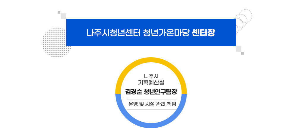 나주시청년센터 청년가온마당 센터장(인구청년정책팀장) 시설관리 및 운영총괄 업무담당을 맡고 있습니다.