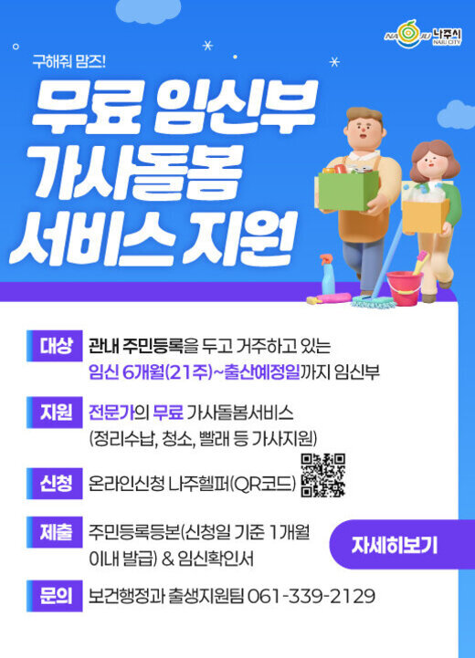 구해줘맘즈! 무료 임신부 가사돌봄 서비스 지원 대상 관내 주민등록을 두고 거주하고 있는 임신 6개월(21주)~출산예정일까지 임신부 지원 전문가의 무료 가사돌봄서비스(정리수납, 청소, 빨래 등 가사지원) 신청 온라인신청 나주헬퍼(QR코드 https://www.naju.go.kr/naju_helper/) 제출 주민등록등본(신청일 기준 1개월 이내 발급) & 임신확인서 문의 보건행정과 출생지원팀 061-339-2129 자세히보기
