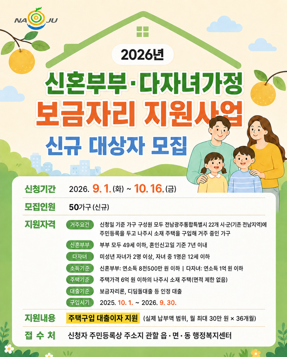 홍보 포스터(2026년 신혼부부·다자녀가정 보금자리 지원사업 모집).png