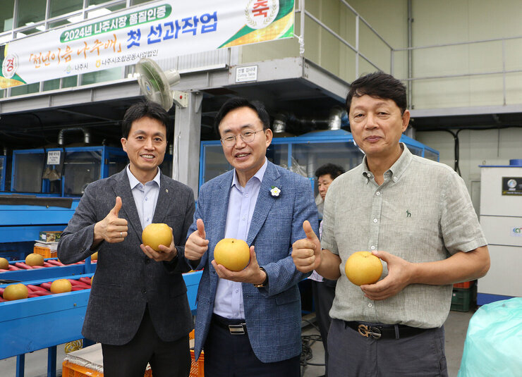 추석 명절 배 선과장 방문 나주시장과 농협나주시지부장 및 관계자와 한손엔 배를 들고 한손은 엄지를 치켜 세우며 기념촬영을 하고 있는 모습