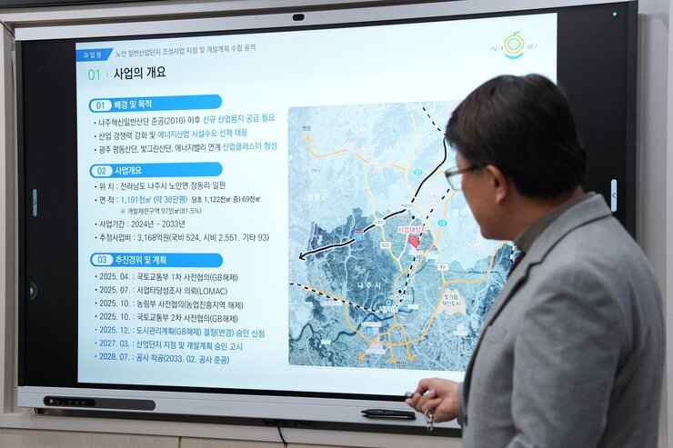 남성이 회의실 스크린에 투사된 지도를 가리키며 발표하고 있는 모습. 스크린에는 '노안 일반산업단지 조성사업 지정 및 개발계획 수립 용역' 관련 세부 내용과 추진 계획이 한국어로 표시되어 있다.