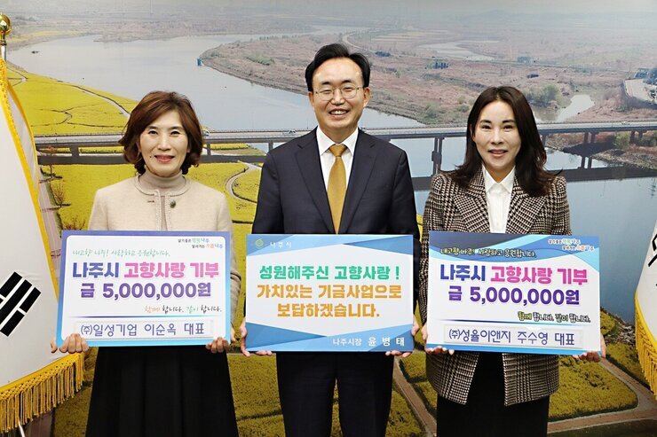 살기좋은 행복 나주 앞서가는 으뜸 나주 내고향 나주! 사랑하고 응원합니다. 나주시 고향사랑 기부 금 5,000,000원 함께 합니다. 같이 합니다. (주)일성기업 이순옥 대표 팻말을 들고 있는 이순옥 대표, 성원해주신 고향사랑! 가치있는 기금사업으로 보답하겠습니다. 나주시장 윤병태 팻말을 들고 있는 윤병태 시장, 살기좋은 행복 나주 앞서가는 으뜸 나주 내고향 나주! 사랑하고 응원합니다. 나주시 고향사랑 기부 금 5,000,000원 함께 합니다. 같이 합니다. (주)성율이앤지 주수영 대표 팻말을 들고 있는 주수영 대표의 모습