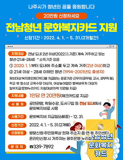 나주시가 청년의 꿈을 응원합니다 전남청년 문화복지카드 지원 신청기간:2022.4.1.~5.31.(2개월간) 지원대상:전남 도내 2년 이상(2022.1.1.기준) 계속 거주하고 있는 청년(21세~28세)*소득기준 없음 ①2020.1.1.부터 도내에 주소를 두고 계속 거주(2년 이상)하고 ②21세 이상~28세 이하인 청년(1994~2001년도 출생자) 제외대상:복지포인트(카드)를 지급받는 공공기관 근무자(공무원, 교사, 공무직 등), 학교 밖 청소년 교육수당 대상자, 여성농어업인 행복바우처 대상자 일부지급:문화누리카드 지원대상(차액 10만원 지급) 지원내용:1인당 연 20만원(체크카드로 지급) 사용처:공연관람, 학원수강, 도서구입 등 전남 도내에서 문화복지비로 사용 사용기간:문화복지비 지급일(6월중) ~ 12. 31. 신청기간:2022. 4. 1. ~ 5. 31.(2개월) 신청방법:[방문신청]주민등록상 현재 주소지 읍·면·동 주민센터 [온라인신청]시 거주자는 광주은행 누리집 문의처:☎339-7892