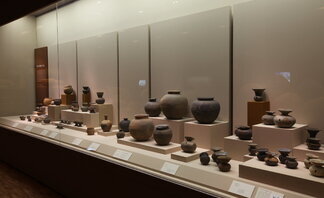 나주국립박물관 내부 전시물을 찍은 사진. 여러가지 도자기들이 유리벽 안에 전시되어 있음.
