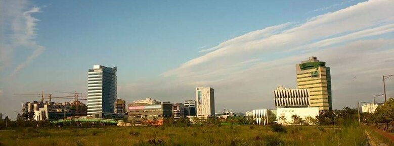 2015년 여름 혁신도시의 전경. 풀 밭과 건너의 건물이 보임