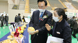 먹음직스러운 배를 들고 관계자와 이야기 나누는 나주시장