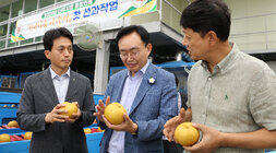 추석 명절 배 선과장 방문 나주시장과 농협나주시지부장 및 관계자가 한손으로 배르 들고 대화를 나누고 있는 모습