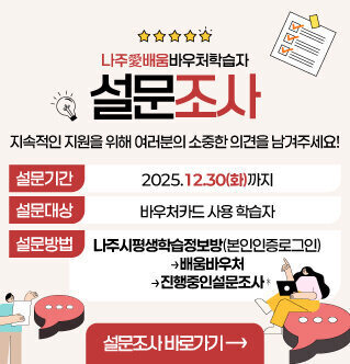 나주애배움바우처학습자 설문조사 지속적인 지원을 위해 여러분의 소중한 의견을 남겨주세요! 설문기간 2025.12.30(화)까지 설문대상 바우처카드 사용 학습자 설문방법 나주시평생학습정보방(본인인증로그인)→배움바우처→진행중인설문조사 설문조사 바로가기