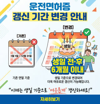 운전면허증 갱신 기간 변경 안내 [기존] 1월 1일 ~ 12월 31일 기존 연말 기준 [변경] 생일 전·후 6개월 이내 생일 기준으로 변경되어 더욱 여유로운 갱신이 가능해집니다. 이제는 생일 기준으로 여유롭게 갱신하세요! 자세히보기