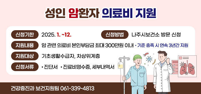 성인 암환자 의료비 지원 - 신청기한 : 2025. 1. ~ 12. - 신청방법 : 나주시 보건소 방문 신청 - 지원내용 : 암관련 관련 의료비 본인부담금 최대 300만원 이내 · 기준 충족 시 연속 3년간 지원 - 지원대상 : 기조생활수급자, 차상위계층 - 신청서류 : · 진단서 · 진료비영수증, 세부내역서 건강증진과 보건지원팀 061-339-4813