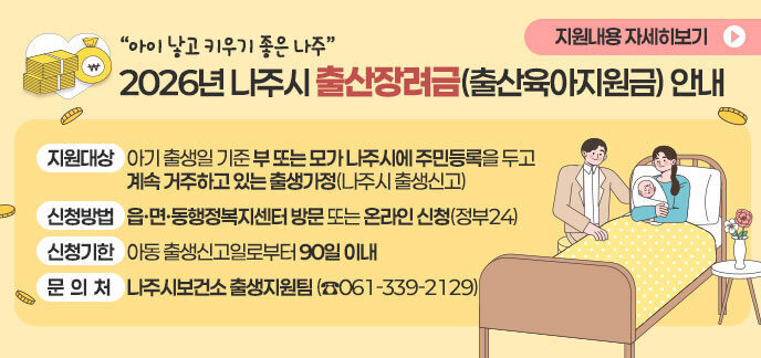 “아이 낳고 키우기 좋은 나주”  2026년 나주시 출산장려금(출산육아지원금) 안내 □ (지원대상) 아기 출생일 기준 부 또는 모가 나주시에 주민등록을 두고 계속 거주하고 있는 출생가정(나주시 출생신고) □ (지원내용) 나주시 출생가정에 대한 양육비 지원   구분 첫째아 둘째아 셋째아 이상 지원금액 300만원 500만원 1,000만원 지급방법 6개월 간격 분할지급 지급형태 100만원(현금) + 200만원(24개월부터,모바일지역상품권*) 200만원(현금) + 300만원(24개월부터, 모바일지역상품권) 300만원(현금) + 700만원(24개월부터, 모바일지역상품권)        * 모바일 지역상품권 충전을 위한 CHAK 어플 설치 및 가입 필수  □ (신청방법) 읍·면·동행정복지센터 방문 또는 온라인 신청(정부24) □ (신청기한) 아동 출생신고일로부터 90일 이내 □ (문 의 처) 나주시보건소 출생지원팀 (☎061-339-2129) 자세히보기