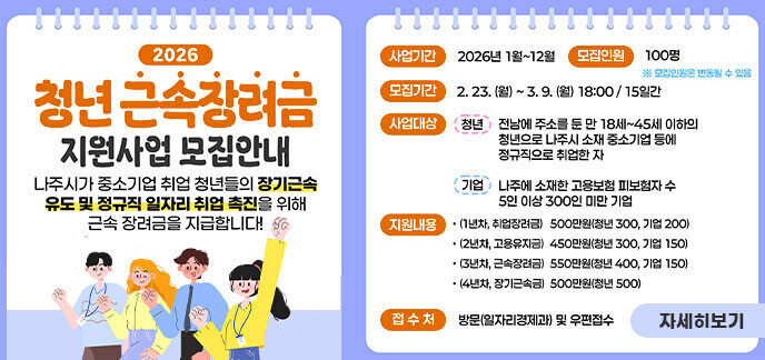 2026 청년 근속장려금 지원사업 모집안내 나주시가 중소기업 취업 청년들의 장기근속 유도 및 정규직 일자리 취업 촉진을 위해 근속 장려금을 지급합니다!  사업기간: 2026년 1월 ~ 12월  모집인원: 100명 (※ 모집인원은 변동될 수 있음)  모집기간: 2. 23.(월) ~ 3. 9.(월) 18:00 / 15일간  사업대상  청년: 전남에 주소를 둔 만 18세~45세 이하의 청년으로 나주시 소재 중소기업 등에 정규직으로 취업한 자  기업: 나주에 소재한 고용보험 피보험자 수 5인 이상 300인 미만 기업  지원내용  (1년차, 취업장려금): 500만원 (청년 300, 기업 200)  (2년차, 고용유지금): 450만원 (청년 300, 기업 150)  (3년차, 근속장려금): 550만원 (청년 400, 기업 150)  (4년차, 장기근속금): 500만원 (청년 500)  접수처: 방문 (일자리경제과) 및 우편접수  자세히보기