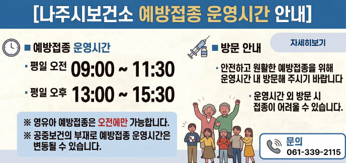 [나주시보건소 예방접종 운영시간 안내]  ■ 예방접종 운영시간  평일 오전 09:00 ~ 11:30  평일 오후 13:00 ~ 15:30  ※ 영유아 예방접종은 오전에만 가능합니다. ※ 공중보건의 부재로 예방접종 운영시간은 변동될 수 있습니다.  ■ 방문 안내  안전하고 원활한 예방접종을 위해 운영시간 내 방문해 주시기 바랍니다  운영시간 외 방문 시 접종이 어려울 수 있습니다.  문의 061-339-2115 자세히보기