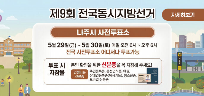 제9회 전국동시지방선거 나주시 사전투표소 일시: 5월 29일(금) ~ 5월 30일(토) 매일 오전 6시 ~ 오후 6시  안내: 전국 사전투표소 어디서나 투표가능  투표 시 지참물 본인 확인을 위한 신분증을 꼭 지참해 주세요!  인정되는 신분증: 주민등록증, 운전면허증, 여권, 장애인등록증(복지카드), 청소년증, 모바일 신분증