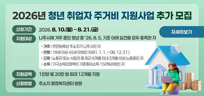 2026년 청년 취업자 주거비 지원사업 추가 모집 (신청기간) 2026. 8. 10.(월) ~ 8. 21.(금)  (지원대상) 나주시에 거주 중인 청년 중 ‘26. 8. 5. 기준 아래 요건을 모두 충족한 자 - 거주: 주민등록상 주소지가 나주시인 자 - 연령: 18세 이상 45세 이하인 자(81. 1. 1. ~ 08. 12. 31.) - 근로: 노동자 또는 사업자 중 최근 6개월 이내 3개월 이상 노동중인 자 - 소득: 가구소득인정액이 기준중위소득 150%이하인 자 (지원금액) 1인당 월 20만 원 최대 12개월 지원 (신청방법) 주소지 행정복지센터 방문 자세히보기