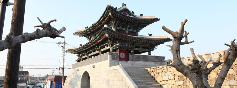 동점문 측면을 찍은 사진. 2층 기와로 되어 있고 대리석 계단 밑으로 입구가 보임. 여러가지 바위로 성벽이 쌓여 있고 그 주위로 나무들이 보임.