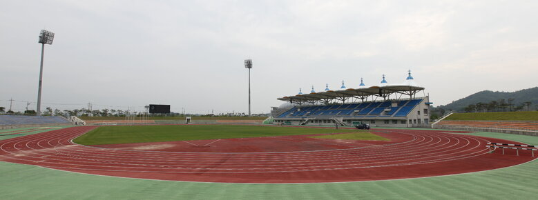 종합운동장을 찍은 사진. 잔디운동장 밖으로 육상트렉이 있고 그 밖으로는 관람석이 보임.